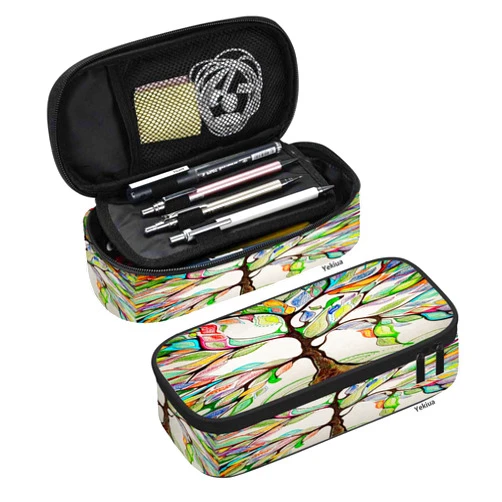 Yekiua Love Tree Pencil Pouch Colorful Tree Branches Leaves High Capacity Pencil Case Stationary Bag Cosmetics Bag Brown Green Yellow