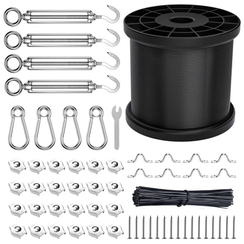 Fil-fresh String Light Hanging Kit 200ft, 304 Stainless Steel Wire Rope Tension Wire for String Lights, 1/16 Globe String Lights Suspension Kit, Guide Wire for Outdoor String Lights with Hooks and Screws