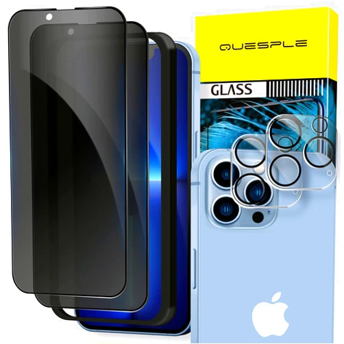QUESPLE [2 + 2 Pack] QUESPLE 2 Pack Privacy Screen Protector for iPhone 13 Pro Max 6.7 inch + 2 Pack Camera Lens Protector, 28° Anti-Spy Tempered Glass Film with Easy Installation Kit, Case Friendly, Anti Peeping