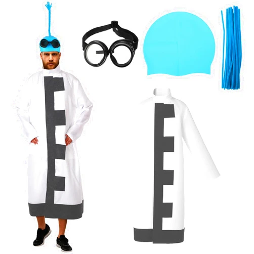 Geyoga 4 Pcs Mad Scientist Halloween Costume for Adults with Lab Coat, Swimming Hat, Goggles and Twist Stick, Science Expert Halloween Costume and Accessories for Cosplay Party