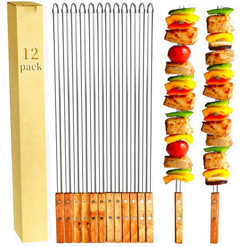 Amestar 12 Pack Kebab Skewers BBQ Barbecue Skewers Stainless Steel Flat Sticks 22 Inch Heavy Duty Large Wide Reusable with Nonslip Wooden Handle Ideal for Shish Kabob Chicken Shrimp and Vegetables