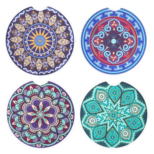 Vaincre 4 Pack 2.56 inch Car Coasters for Drinks Absorbent, Mandala Ceramic Car Cup Holder Coaster for Your Car with Fingertip Grip, Removable Cute Auto Accessories, Keep Car Clean for Women & Girls