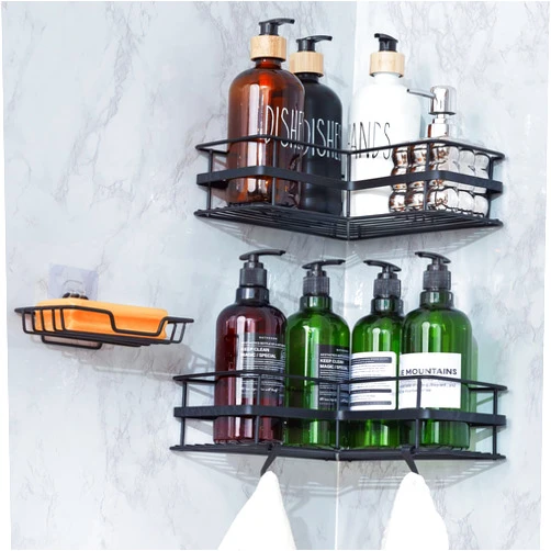 TEJDNLHMS Corner Shower Caddy, 4-Pack Adhesive Shower Caddy with Soap Holder and 8 Hooks,No Drilling Wall Mounted Shower Rack,Rustproof wall-mounted Shower Shelves for Bathroom ,Dorm and Kitchen(Matte Black)
