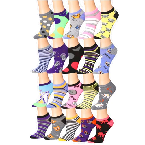 Tipi Toe Women's 20 Pairs Colorful Patterned Fashion Novelty Animal Characters Cartoon Cat Dog Monkey Designer Low Cut/No Show Socks NS196-AB