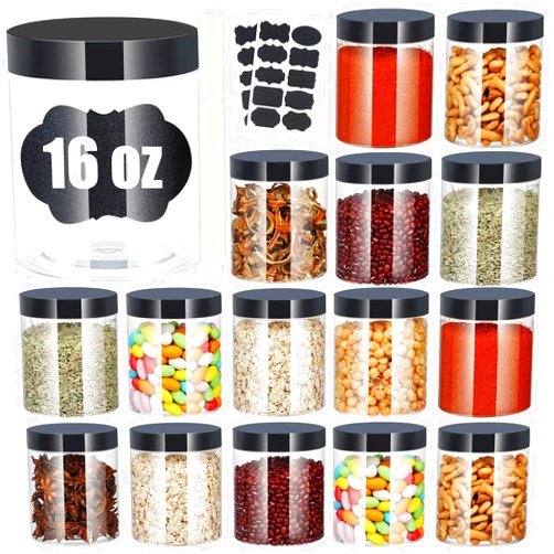 Crazystorey Plastic Jars with Lids, 16 oz Plastic Containers with Lids Clear Airtight Container Storage Jar Mason Jars for Dry Food Peanut Butter Honey Jam Cosmetics, Pack of 16 (16 PCS Black Lids)