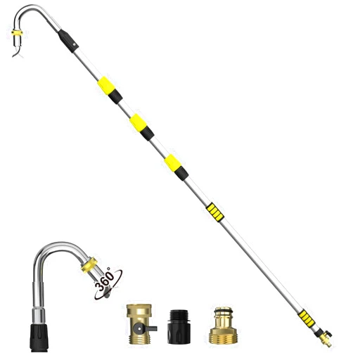 Buyplus 16FT(24FT Reach) Telescopic Gutter Cleaning Tools from The Ground, Rain Gutter Cleaners Tool with 360°Rotatable Metal Nozzle, Extension Pole, Hose Attachment, Watering Wand for Garden Hose
