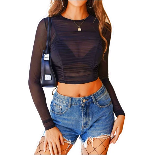 Avidlove Womens Mesh Top Mock Neck Ruched Sheer Y2K Crop Top Party Clubwear Night