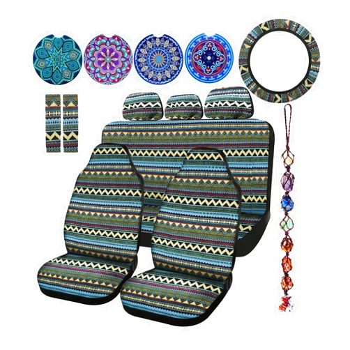 Frienda Baja Car Seat Covers Full Set Multicolor Stripe Car Seat Covers Boho Print Steering Wheel Cover Seat Belt Cover Crystal Hanging Ornament Car Holders Fits for Car(Bohemia Style)