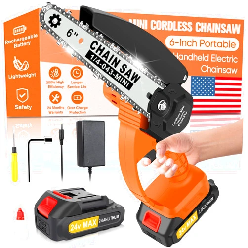 ENERJARY Mini Chainsaw Cordless,6 Inch Portable Electric Handheld Chain Saw with 2000mAh Rechargeable Batteries,Electric Hand Saw for Wood Cutting Tree Trimming DIY Projects Gardening Camping, Orange