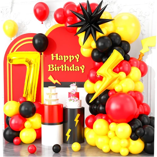 Cledeco 7th Birthday Red Black Yellow Balloons Arch Kit, Cartoon Theme with Number 7, Lightning Star Mylar Balloons for 7th Birthday Party
