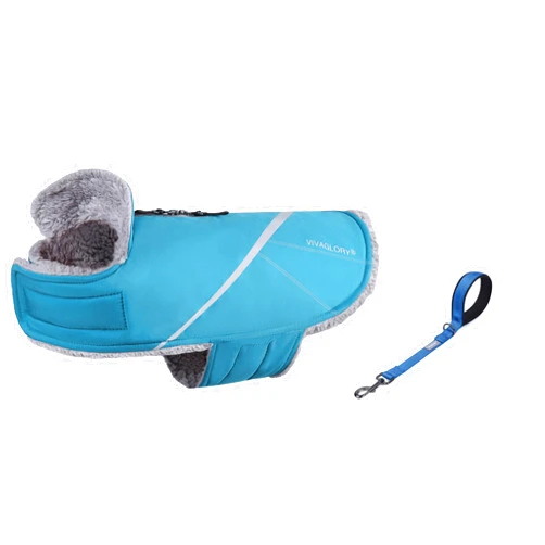 VIVAGLORY Snowrap Dog Coat + Short Dog Leash, Fluffy Warm Fleece Lined Reflective Water Resistant for Puppy, Soft Padded Handle for Training & Walking