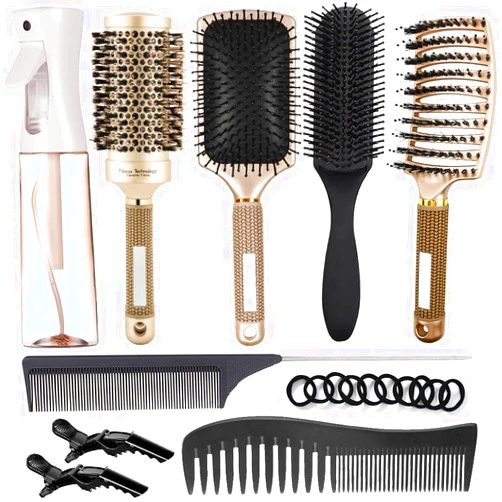 Aozzy Hair Brush Set, Round Brush for Blow Drying and Paddle Brush Great On Wet Long Thick Hair, Detangling Brush and Spray Bottle for Wavy Curly Hair, Meet Your Family's Daily Hair Care Needs