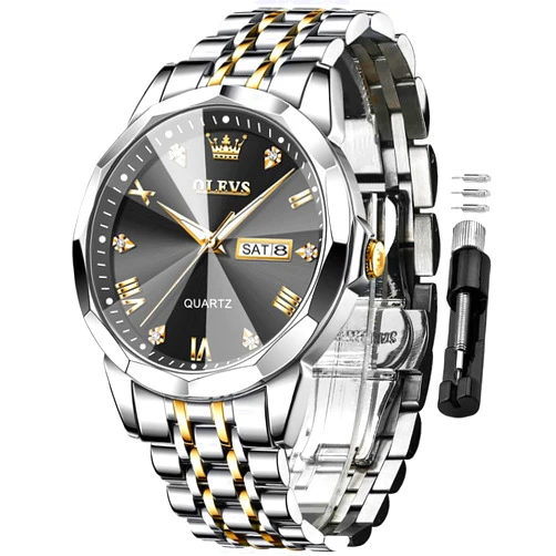 OLEVS Men Watches Business Dress Diamond Analog Quartz Date Luxury Wrist Watch Casual Stainless Steel Waterproof Luminous Two Tone Watch for Men