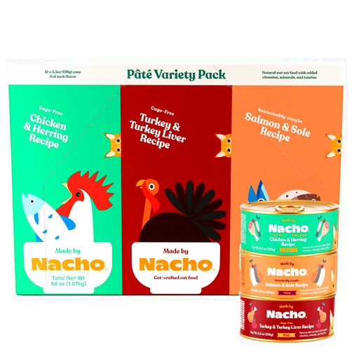 Made by Nacho Premium Wet Cat Food Grain-Free Pate Cans, 12 Pack, (Chicken, Salmon, and Turkey) (Pate Variety Pack, 5.5 Ounce), Limited Ingredients