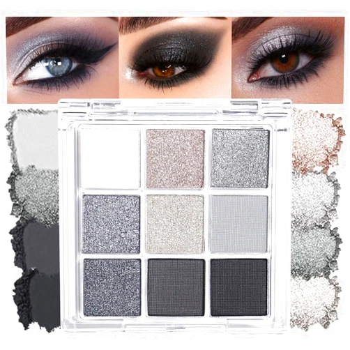 CAKAILA Black Silver Gray Smokey Eyeshadow Palette,Black and White and Sparkly Eye Shadow,Highly Pigmented Black Smokey Radiance Eyeshadow Palette,Long Lasting Waterproof Blendable Womens Eyeshadow Dark