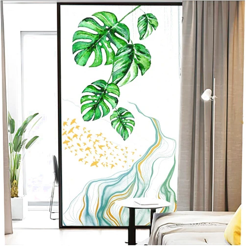 Lumanduo The Green Plants Leaves Decorative Window Privacy Film Window Sticker No Glue Static Window Cling Frosted Window Decals Window Coverings 17.7