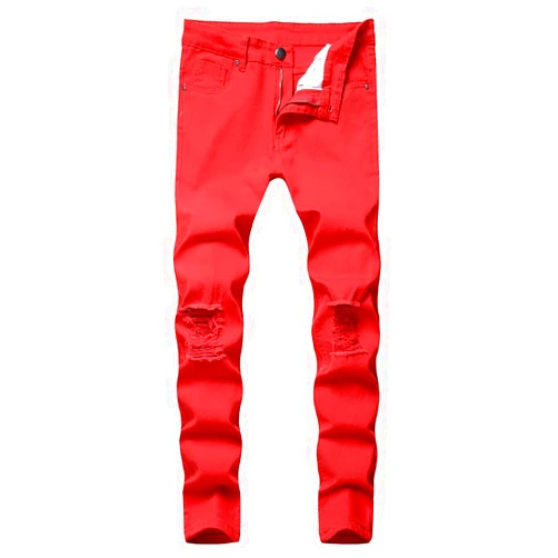 LONGBIDA Men's Ripped Destroyed Stretchy Knee Holes Slim Tapered Leg Jeans Denim Pants(Red,34)