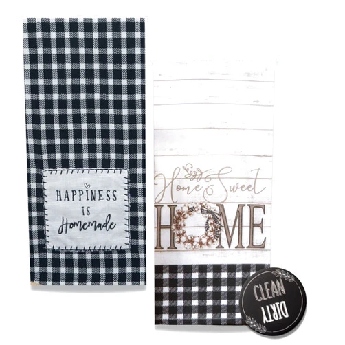 18TH STREET GIFTS Black and White Farmhouse Kitchen Towels, Set of 2 Decorative Dish Towels and 1 Dishwasher Magnet, Buffalo Plaid Kitchen Decor