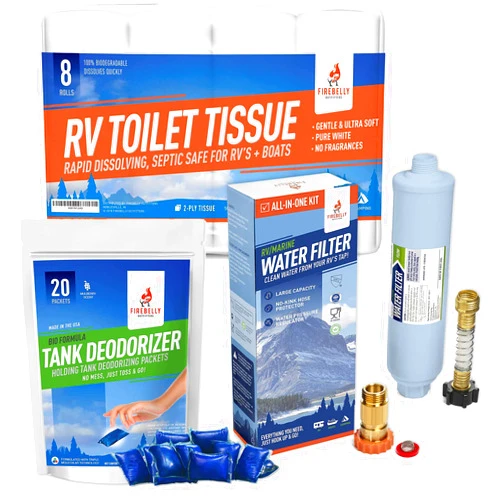 Firebelly Outfitters Boat & RV Bundle, RV Toilet Paper, 8 Rolls, Septic Tank Deodorizer with 20 Packets, Inline Carbon Filter Kit w/Flexible Hose Protector, Water Pressure Regulator