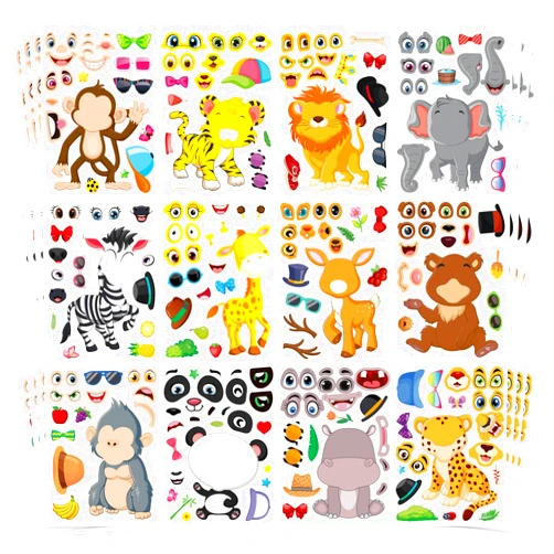 DUJAA 48 Sheets Make Your Own Safari Animal Stickers for Kids Ages 3+, Make-a-face Stickers, Jungle & Zoo Party Favors Supplies, Classroom Teacher Reward
