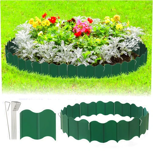 HIKUIBU Garden Edging Border, 25PCS Plastic Landscape Edging Border No Dig, Garden Fence Edgings with 15 Landscaping Stakes, Garden Border Edging for Outdoor Patio Pathway, Green