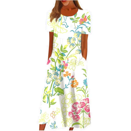 Generic Dresses for Women 2024 Printed Pleated Long Dresses Short Sleeve Round Neck Maxi Dress Pocket Casual Dresses
