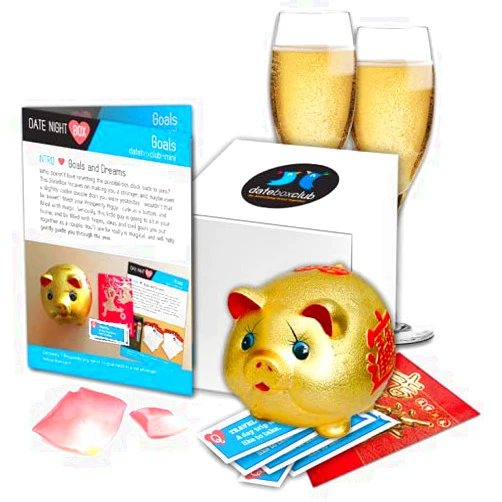 DateBox Club Goals & Dreams Date Night Couples Gifts with Walkthrough Guide, Prosperity Pig & 15 Gold Tickets, Includes Surprise Playlist & 2 Player Games Gottman Certified