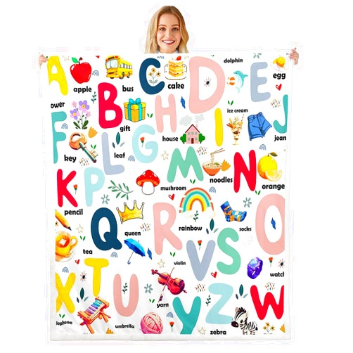 Feelyou Cartoon Alphabet Sherpa Blanket ABC Alphabet Fleece Throw Blanket for Kids Cute Educational Alphabet Plush Blanket Learning Educational Fuzzy Blanket 40