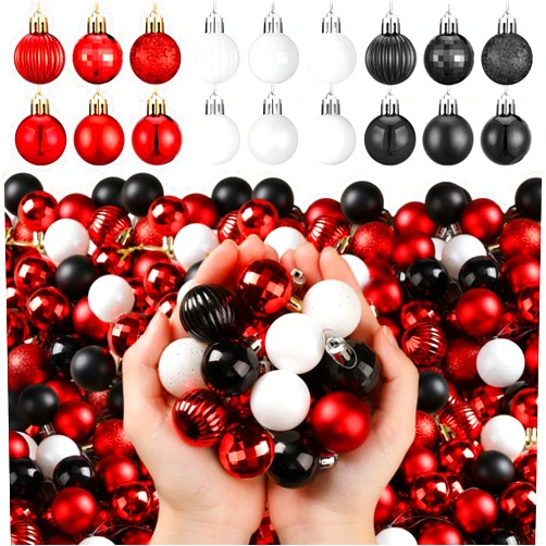 Shappy 216 Pcs Mini Christmas Ball Ornament 1.18 Inch Small Christmas Tree Decorations 6 Styles Shatterproof Xmas Ball with Hanging Loop for Holiday Party Wreath Xmas Tree(Black, White, Red)