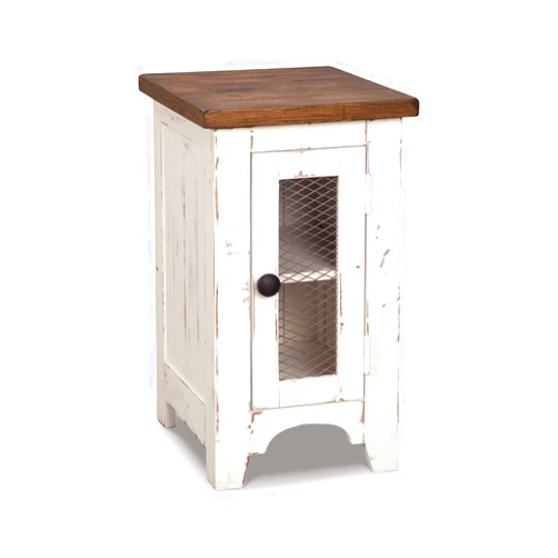 Signature Design by Ashley Wystfield Farmhouse Chair Side End Table with Cabinet Door for Storage, White & Brown with Distressed Finish