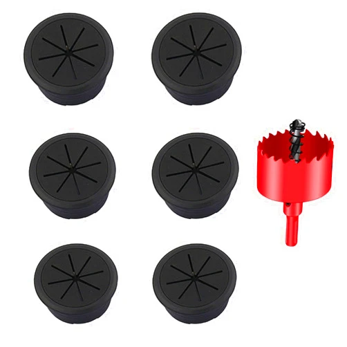 TuTuYa Desk Grommet, 6PCS Flexible 2-3/8 Inch (60mm) Desk Cable Grommet Desk Cable Hole Covers with Hole Saw, Ideal Solution for Office and Home Table Cable (Black, 2-3/8_60mm)