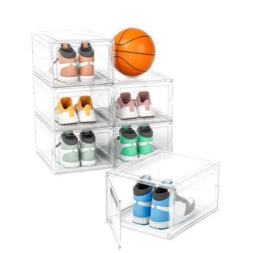 FUNLAX Shoe Storage Box, 6 Pack Shoe Boxes Clear Plastic Stackable, Shoe Organizer with Magnetic Doors, Drop Front Shoe Box, Shoe Case for Sneaker Storage, Closet, Entryway, Underbed Shoe Storage