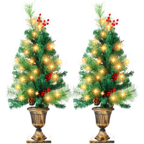Hiboom 2 Pack Porch Christmas Tree 3 ft Pre Lit Artificial Spruce Entrance Christmas Tree with Metal Stand LED Lights Pine Cones Red Berries for Front Porch Door Entryway Xmas Decor(Green)