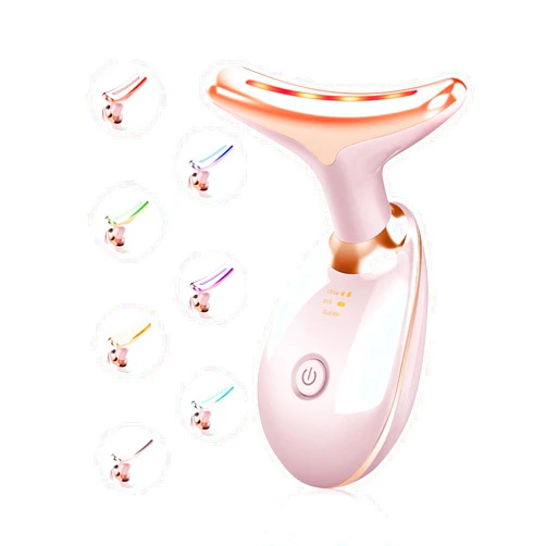Yolopim Facial Beauty Device, Multifunctional Facial Skin Care Tools with Vibration, Red and Blue LED Light, 7 Color Led Face and Neck Beauty Device for Home Use, Improve Skin(Glossy Pink)