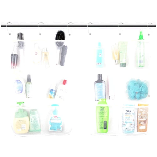 Armuzui Mesh Shower Caddy, Shower Organizer, 7 Pockets, With 3 Hooks, Hanging, Portable, Quick Drying, Can Store Soap, Loofah, Shampoo and Cruise Essentials, 17 Inch by 26 Inch, White, 2 Pack