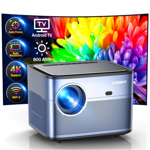 VIZONY [Auto Focus/Keystone]Projector 4K Support with WiFi Bluetooth, VIZONY 800ANSI Android TV Outdoor Projector, 4P4D/Zoom/PPT, Home Movie Projector with Netflix/Prime Apps Built-in, 8000+ Apps