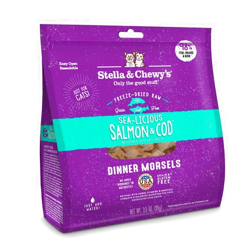 Stella & Chewy's Freeze-Dried Raw Sea-Licious Salmon & Cod Dinner Morsels Cat Food, 3.5 oz. Bag, Freeze-Dried Raw Cat Dinner Morsels