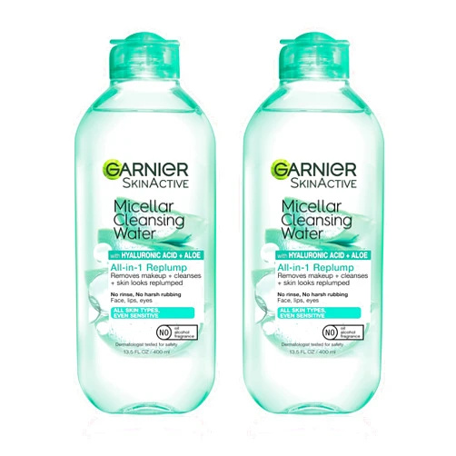 Garnier Micellar Water with Hyaluronic Acid, Facial Cleanser & Makeup Remover, Hydrating and Plumping, For All Skin Types, Vegan, Cruelty Free, 13.5 Fl Oz (400mL), 2 Count