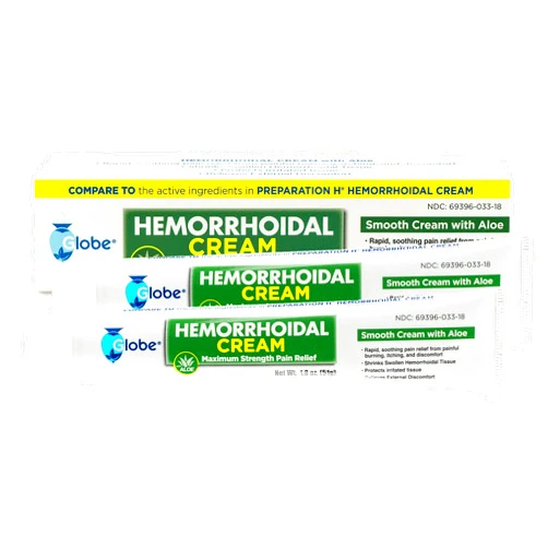 Globe Hemorrhoid Symptom Treatment Cream, Pain Relief with Aloe, Tube (1.8 Ounce) - Relief from Piles, Itching, Burning, Discomfort, & More - Compare The Active Ingredients to Preparation H (2 Pack)