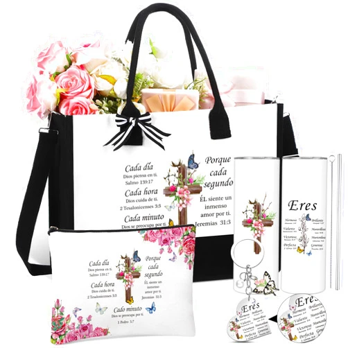 Tioncy 4 Pcs Spanish Christian Gifts Set for Women Include Inspiration Religious Tote Bag 20 oz Stainless Steel Tumbler Bible Verse Keychain Makeup Bag Gifts for Mom Sister Grandma Birthday Christmas