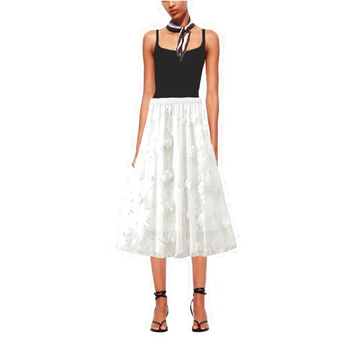 KABAZLE Floral midi Flowy Tulle Skirt for Women,Elastic high Waisted Embroidered lace mesh Fairy a line Fluffy Circle Skirt