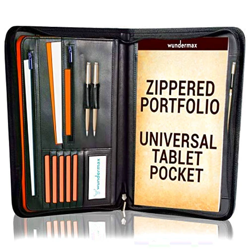 Wundermax Portfolio Binders for Women & Men - 10 Inch Leather Padfolio Business Planner & Notebook Organizer w/Zipper - Holder for Tablets, Notepads, Resumes, Documents - Black