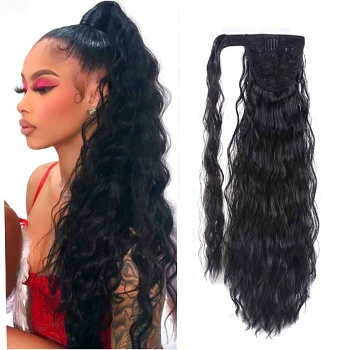 YEAME Corn Wave Ponytail Extension Clip in - 22 Inch Long Wavy Curly Wrap Around Pony Tail Heat Resistant Synthetic Hairpiece for Women (Natural Black #1B)