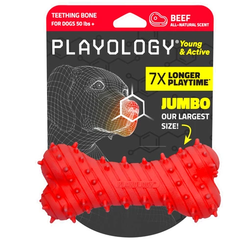 Playology Puppy Teething Bone Dog Toy for Young & Active Dogs | Engaging All-Natural Beef Scented Jumbo Sized Chew Toy with Squeaker for Puppies 50lbs & up