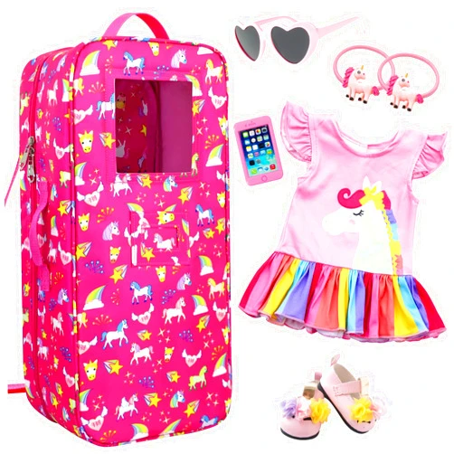 Ecore Fun 7 Items 18 Inch Dolls Bag and Accessories Unicorn Doll Carrier Storage Fit for 18 Inch Girl Dolls Including Doll Case, 18