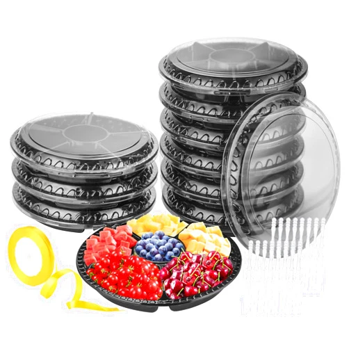 WEQNNM Plastic Appetizer Tray with Lid - Heavy Duty,Recyclable 12 in. Veggie Fruit Snacks Trays Disposable Food Storage Containers,10 Pcs Food Serving Platters for Party and Buffet with 100 Forks
