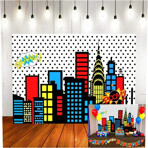 Qian Art Studio 7x5ft Superhero Super City Photography Backdrops Skyline Buildings City Boom Photo Background Children Birthday Party Banner Photo Studio Booth Cake Table Decor Vinyl