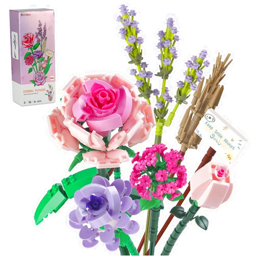 PinkBee Flower Bouquet, Mini Pink Rose Lavender Building Block Sets Creative Home Decor Toys Kits Valentine Birthday for Adults Her Girlfriends Women Kids 8+ 8-12 (393 PCS)