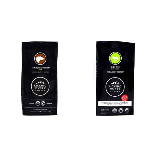 Kicking Horse Coffee, 454 Horse Power, Dark Roast, Whole Bean, 10 oz - Certified Organic, Fairtrade, Kosher Coffee & Kick Ass, Dark Roast, Ground, 10 oz -Certified Organic, Fairtrade, Kosher Coffee Coffee + Dark Roast Coffee 454 Horse Power - Dark Roast 10 Ounce (Pack of 1)