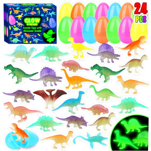 GWAHSA 24pcs Prefilled Easter Eggs with Glow in The Dark Dinosaur Figures Toys Inside Easter Basket Stuffers Gifts Birthday Party Favors Supplies for Kids Classroom Prizes Pinata Goodie Bag Fillers